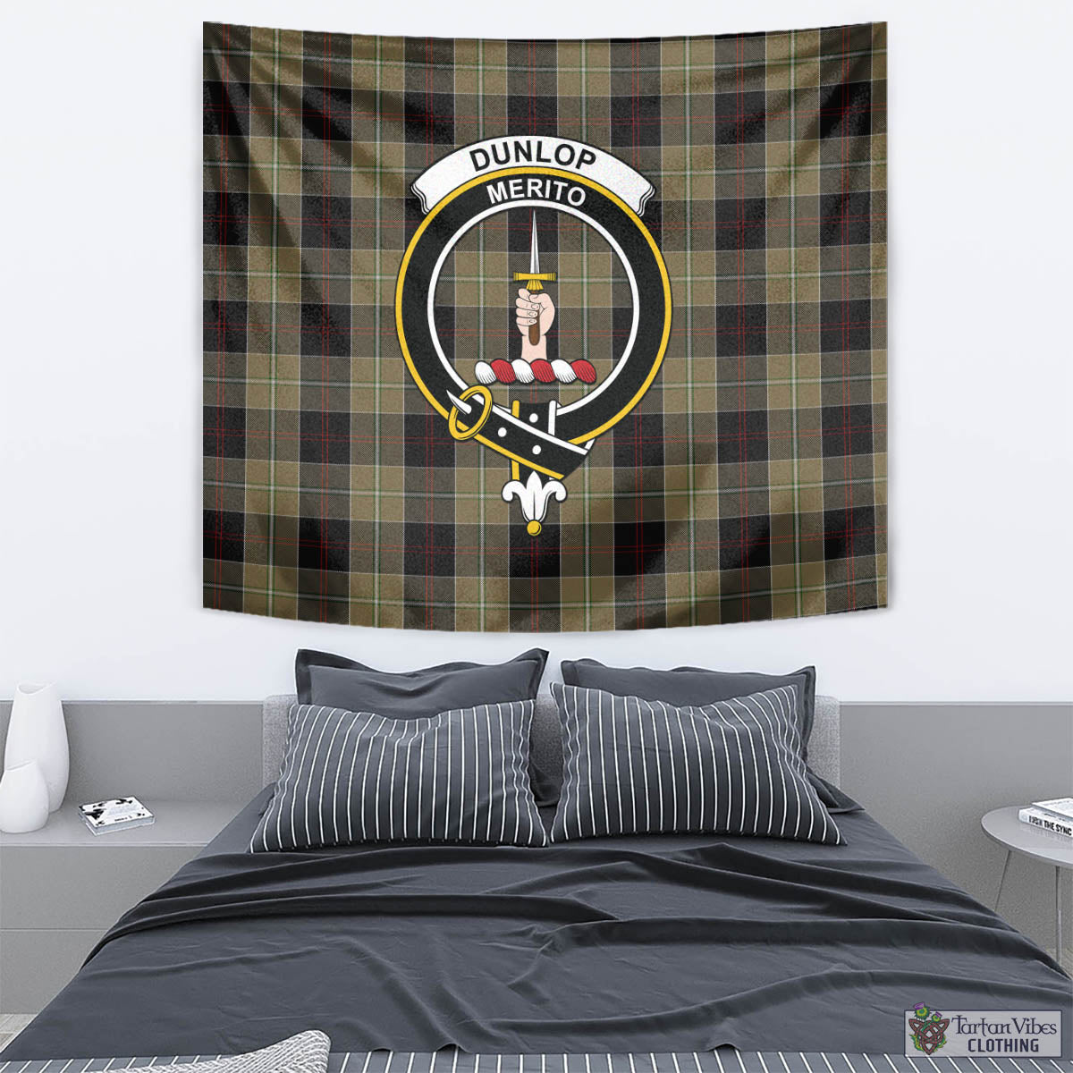 Tartan Vibes Clothing Dunlop Hunting Tartan Tapestry Wall Hanging and Home Decor for Room with Family Crest