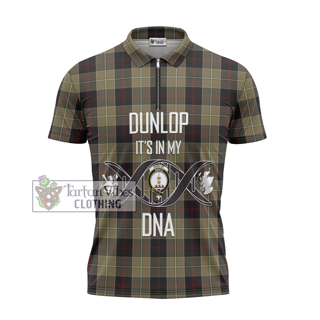 Dunlop Hunting Tartan Zipper Polo Shirt with Family Crest DNA In Me Style - Tartanvibesclothing Shop