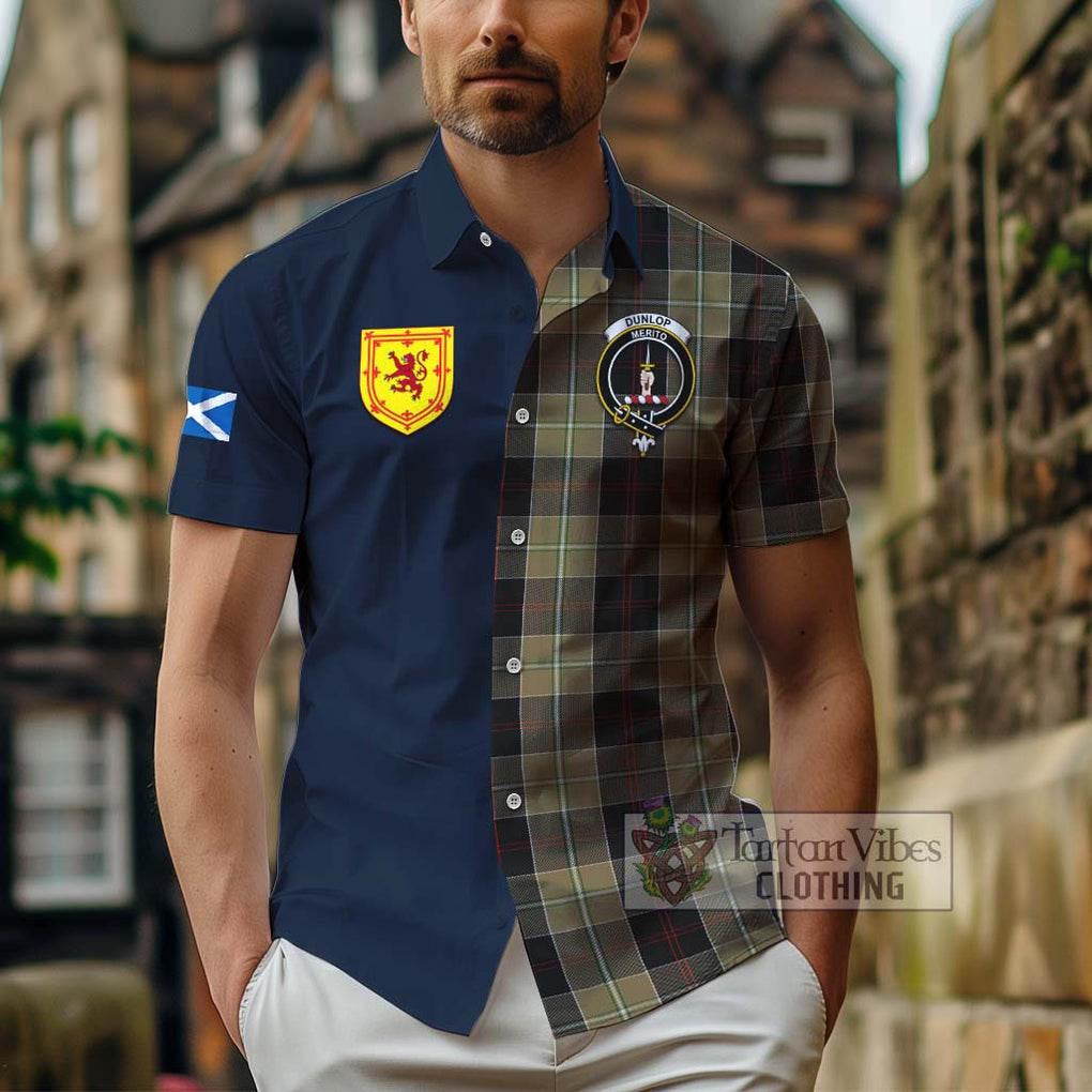 Tartan Vibes Clothing Dunlop Hunting Tartan Short Sleeve Button Shirt with Scottish Lion Royal Arm Half Style