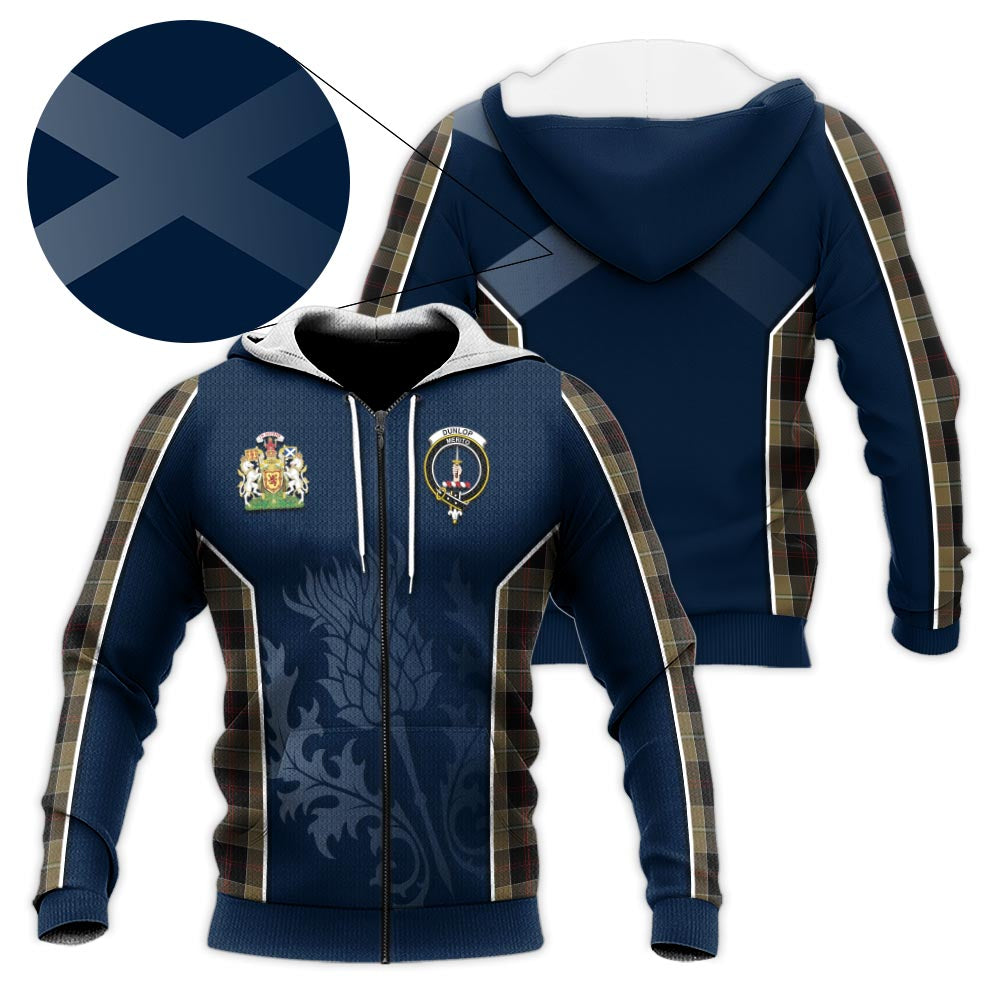 Tartan Vibes Clothing Dunlop Hunting Tartan Knitted Hoodie with Family Crest and Scottish Thistle Vibes Sport Style