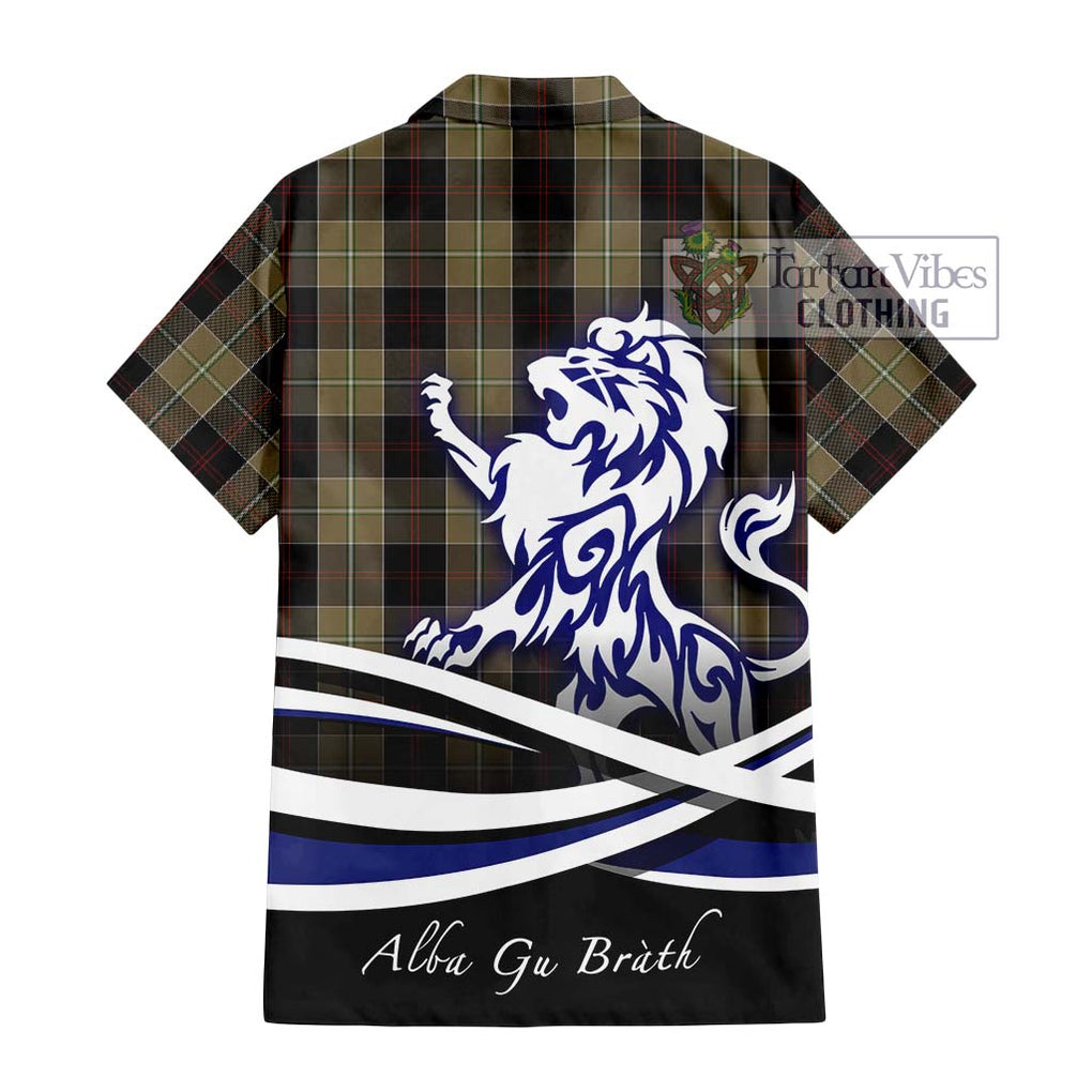 Dunlop Hunting Tartan Short Sleeve Button Shirt with Alba Gu Brath Regal Lion Emblem - Tartanvibesclothing Shop