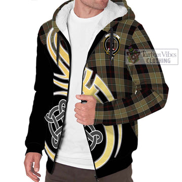 Dunlop Hunting Tartan Sherpa Hoodie with Family Crest and Celtic Symbol Style