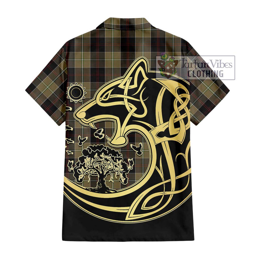 Dunlop Hunting Tartan Short Sleeve Button Shirt with Family Crest Celtic Wolf Style - Tartan Vibes Clothing