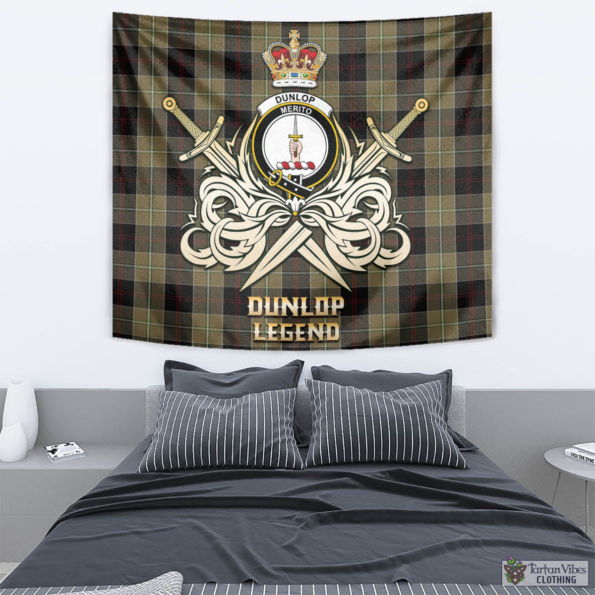 Tartan Vibes Clothing Dunlop Hunting Tartan Tapestry with Clan Crest and the Golden Sword of Courageous Legacy