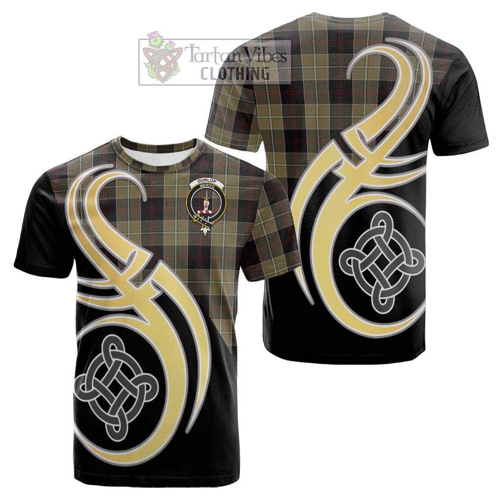 Tartan Vibes Clothing Dunlop Hunting Tartan Cotton T-shirt with Family Crest and Celtic Symbol Style