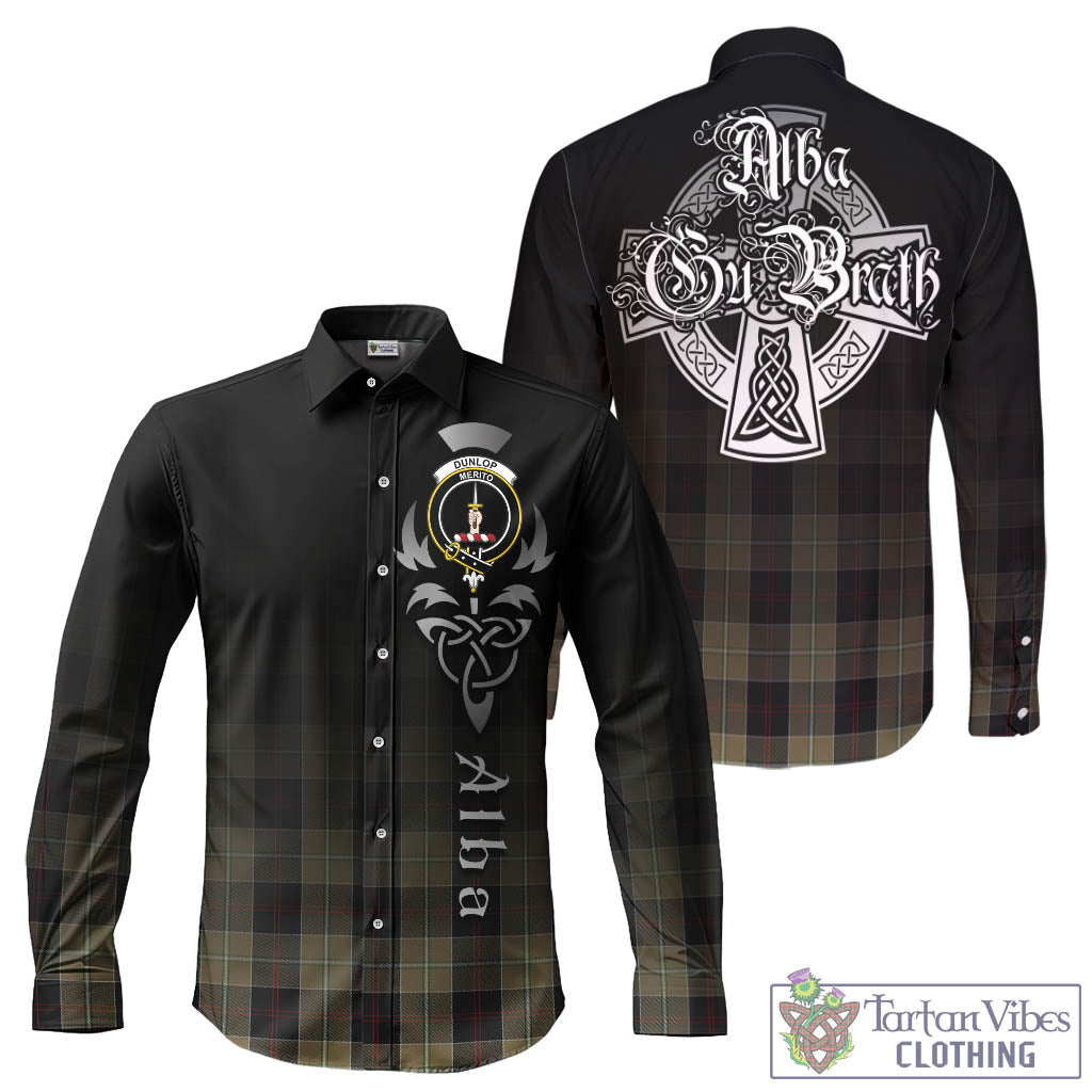 Tartan Vibes Clothing Dunlop Hunting Tartan Long Sleeve Button Up Featuring Alba Gu Brath Family Crest Celtic Inspired