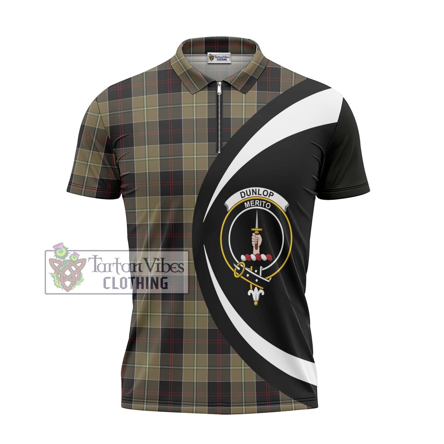 Tartan Vibes Clothing Dunlop Hunting Tartan Zipper Polo Shirt with Family Crest Circle Style