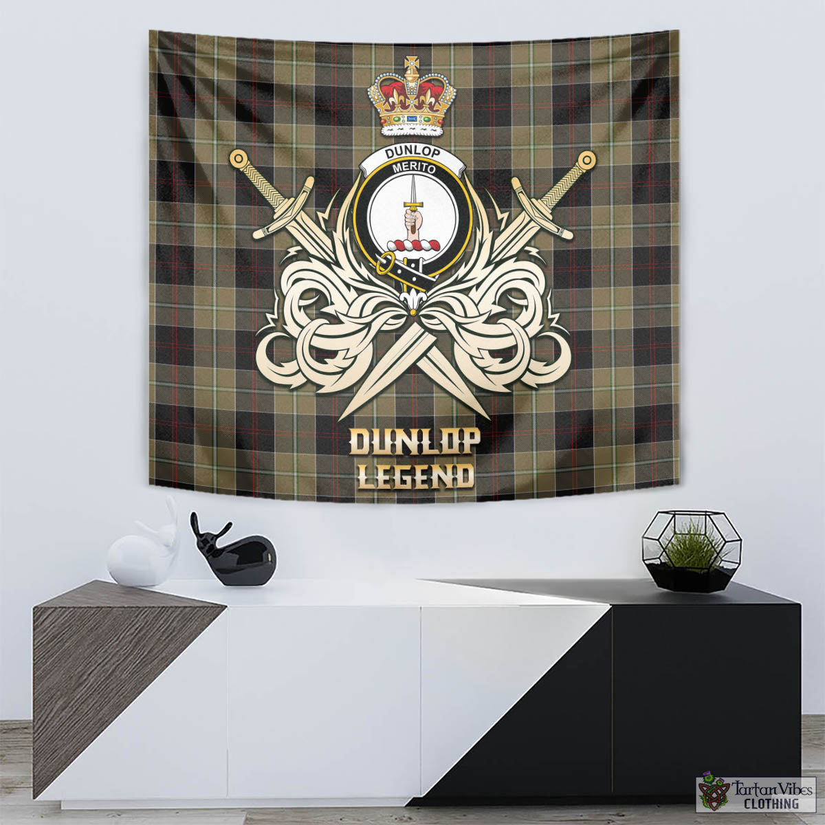 Tartan Vibes Clothing Dunlop Hunting Tartan Tapestry with Clan Crest and the Golden Sword of Courageous Legacy