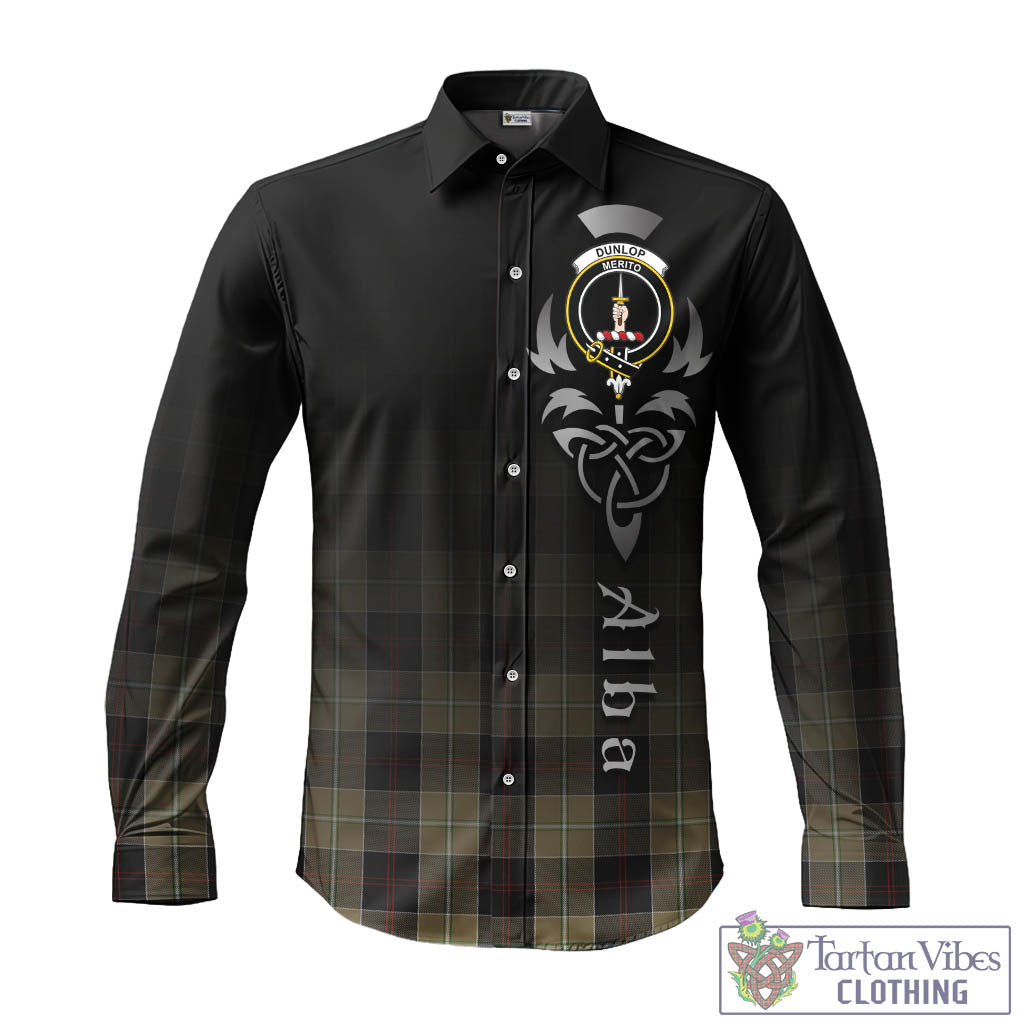 Tartan Vibes Clothing Dunlop Hunting Tartan Long Sleeve Button Up Featuring Alba Gu Brath Family Crest Celtic Inspired