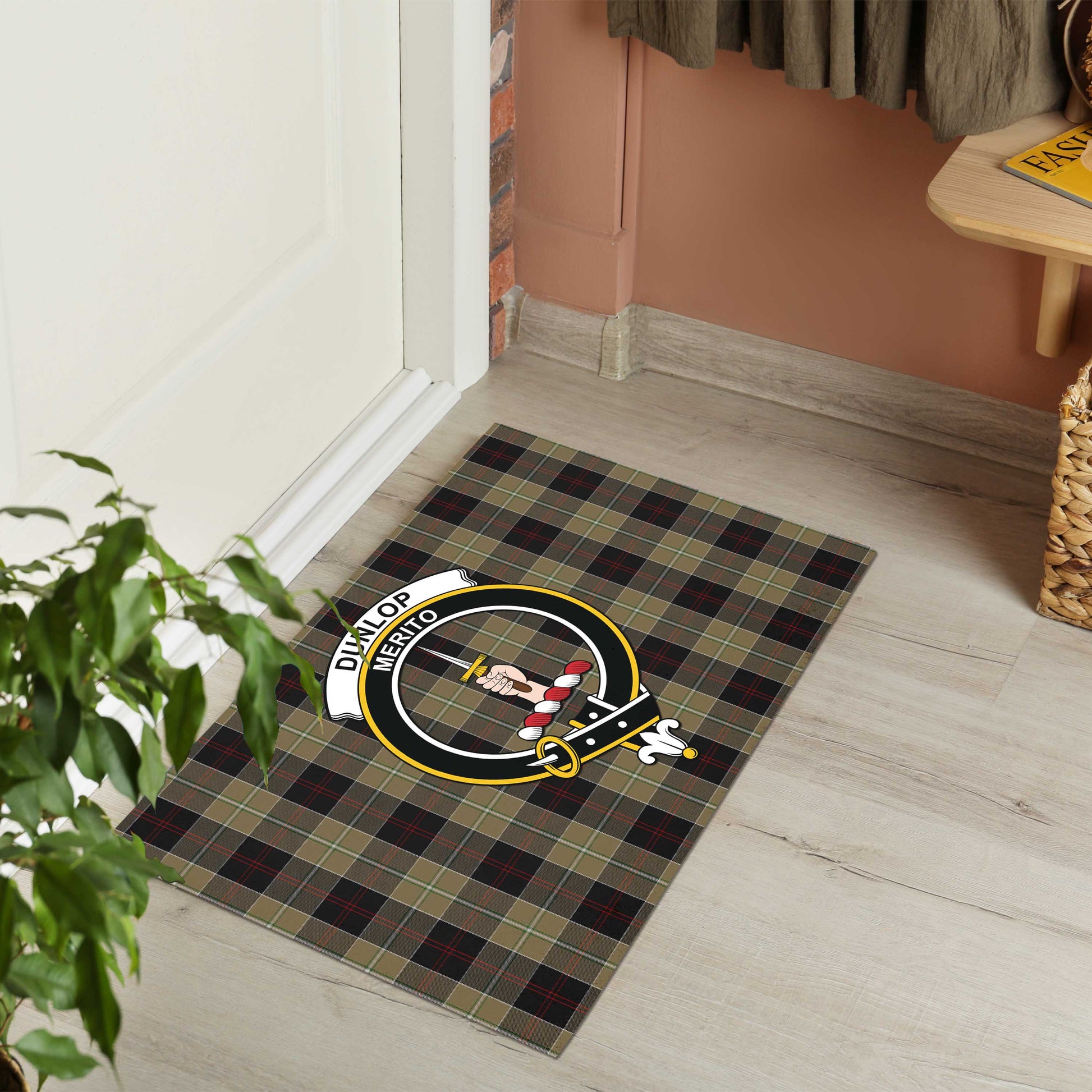 Dunlop Hunting Tartan Door Mat with Family Crest - Tartanvibesclothing