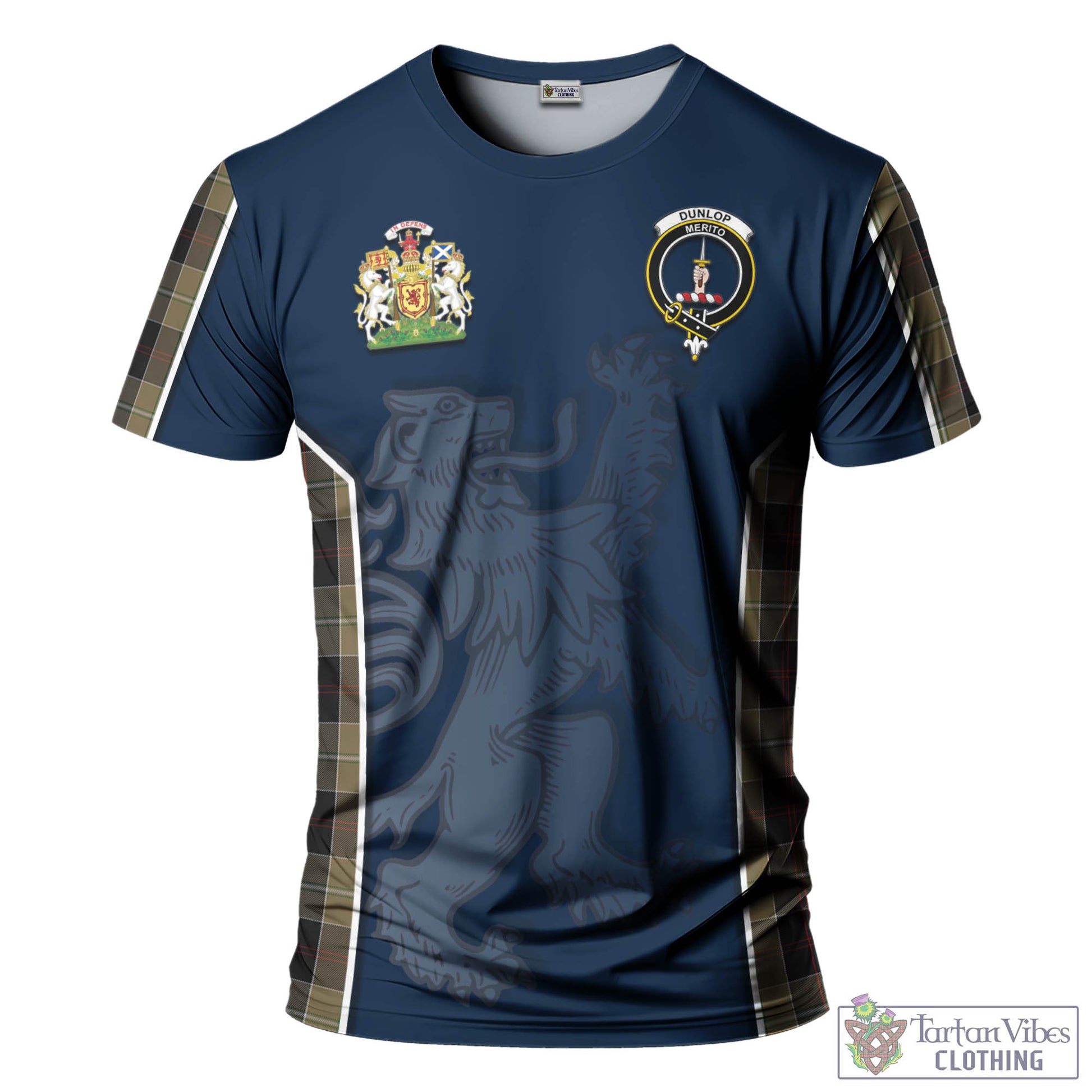 Tartan Vibes Clothing Dunlop Hunting Tartan T-Shirt with Family Crest and Lion Rampant Vibes Sport Style