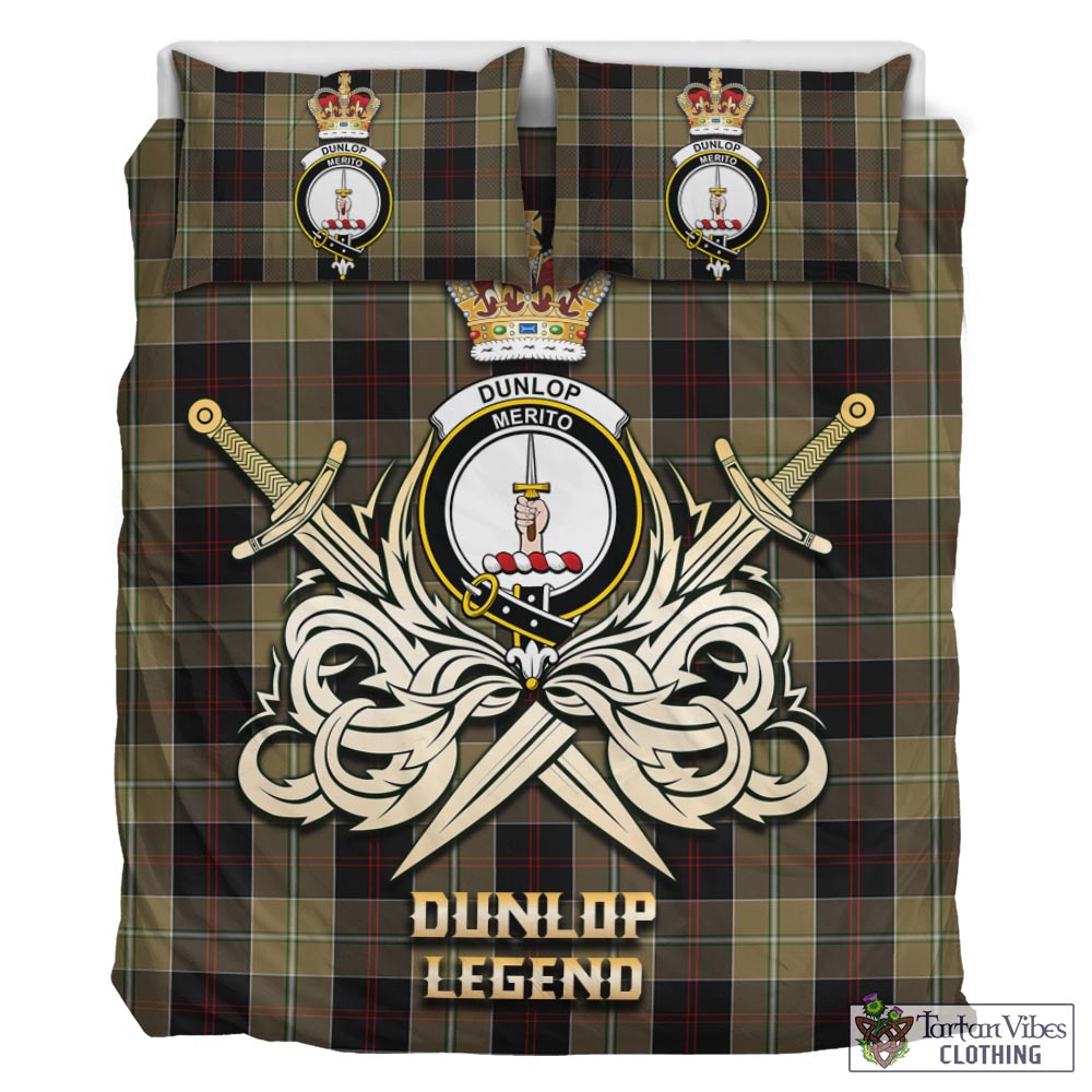 Tartan Vibes Clothing Dunlop Hunting Tartan Bedding Set with Clan Crest and the Golden Sword of Courageous Legacy