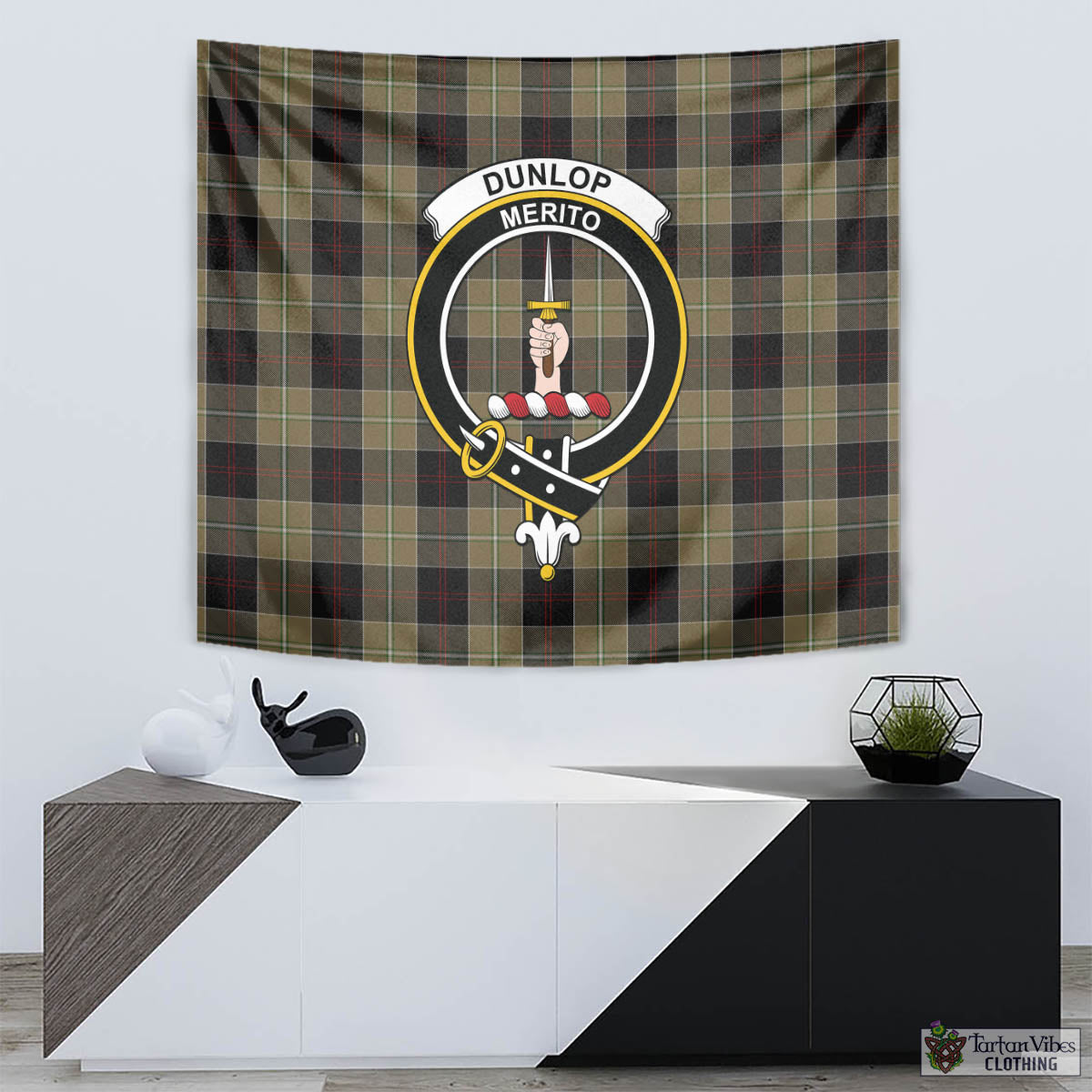 Tartan Vibes Clothing Dunlop Hunting Tartan Tapestry Wall Hanging and Home Decor for Room with Family Crest