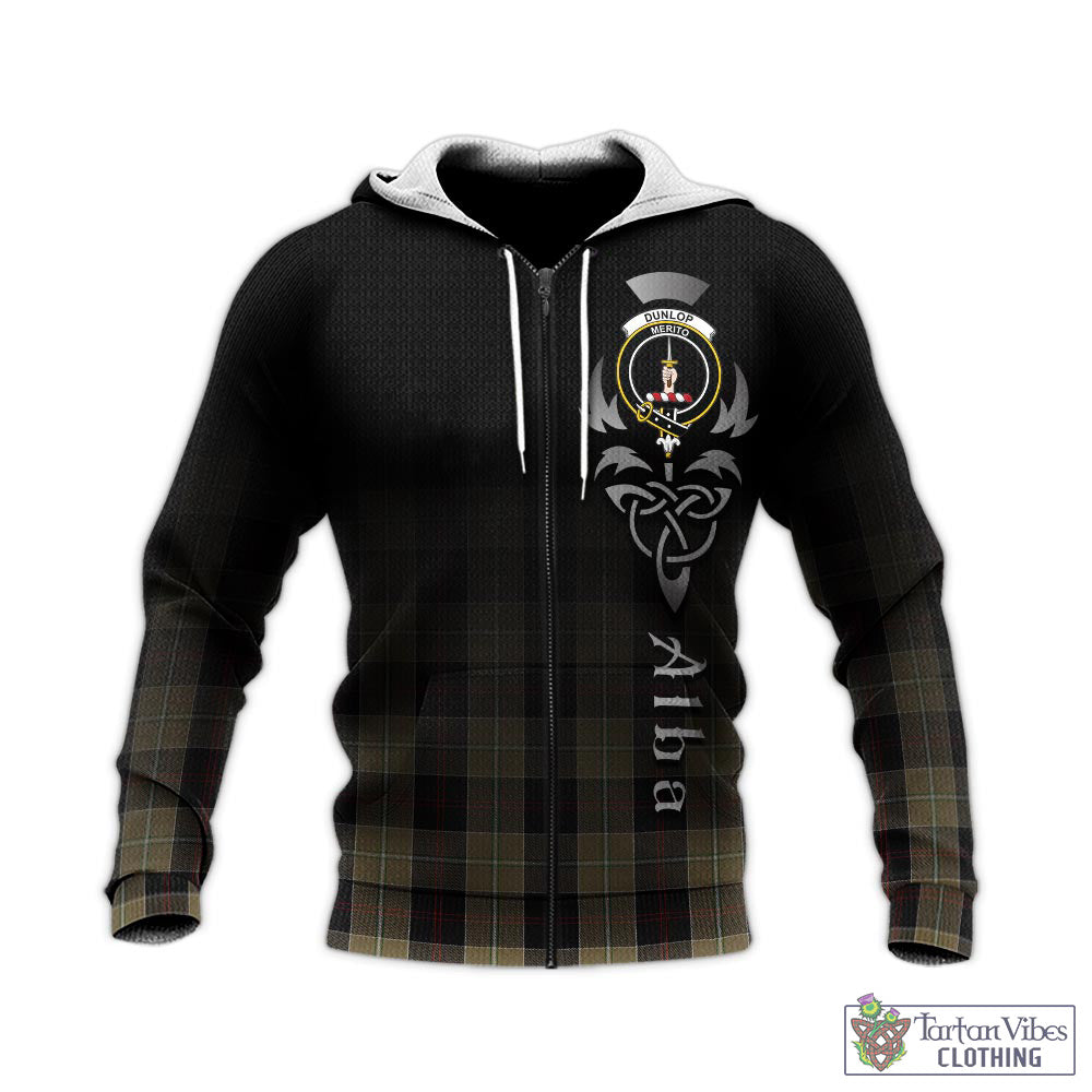 Tartan Vibes Clothing Dunlop Hunting Tartan Knitted Hoodie Featuring Alba Gu Brath Family Crest Celtic Inspired