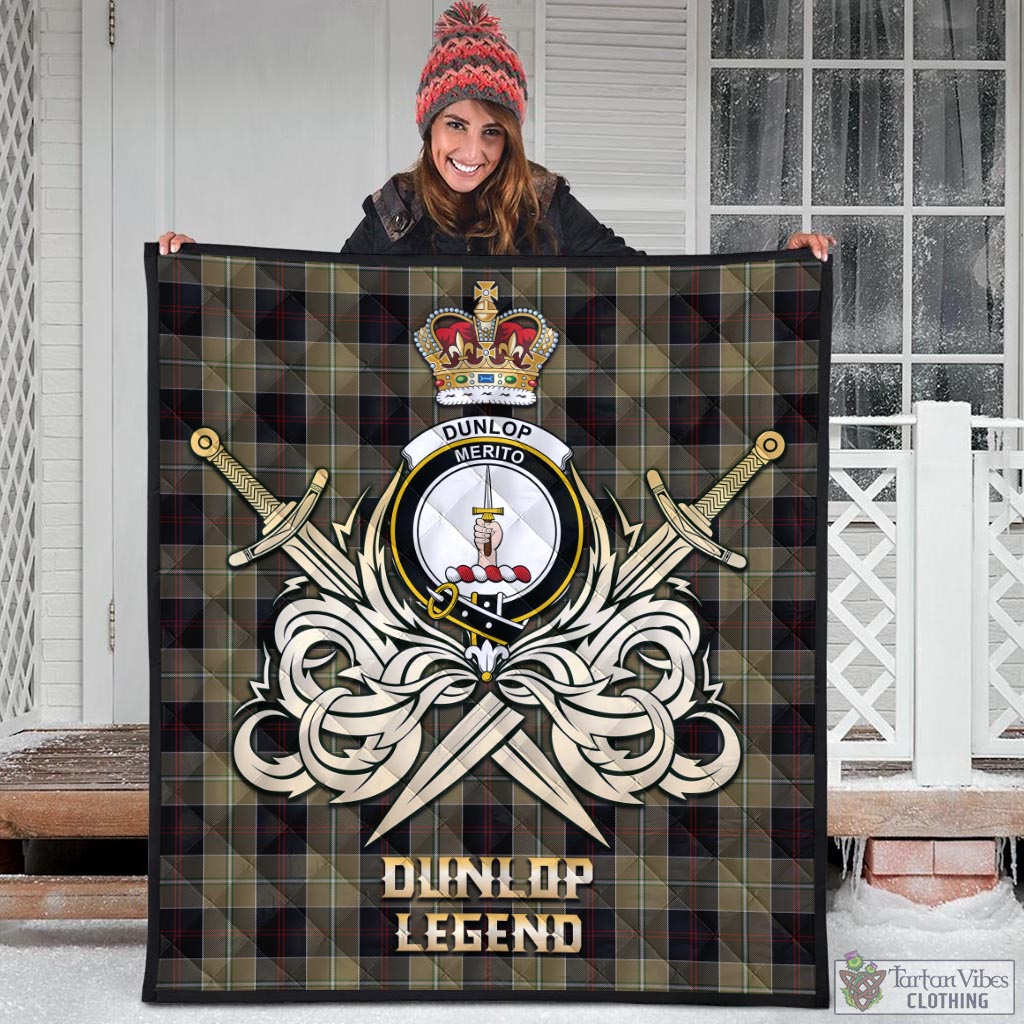 Tartan Vibes Clothing Dunlop Hunting Tartan Quilt with Clan Crest and the Golden Sword of Courageous Legacy