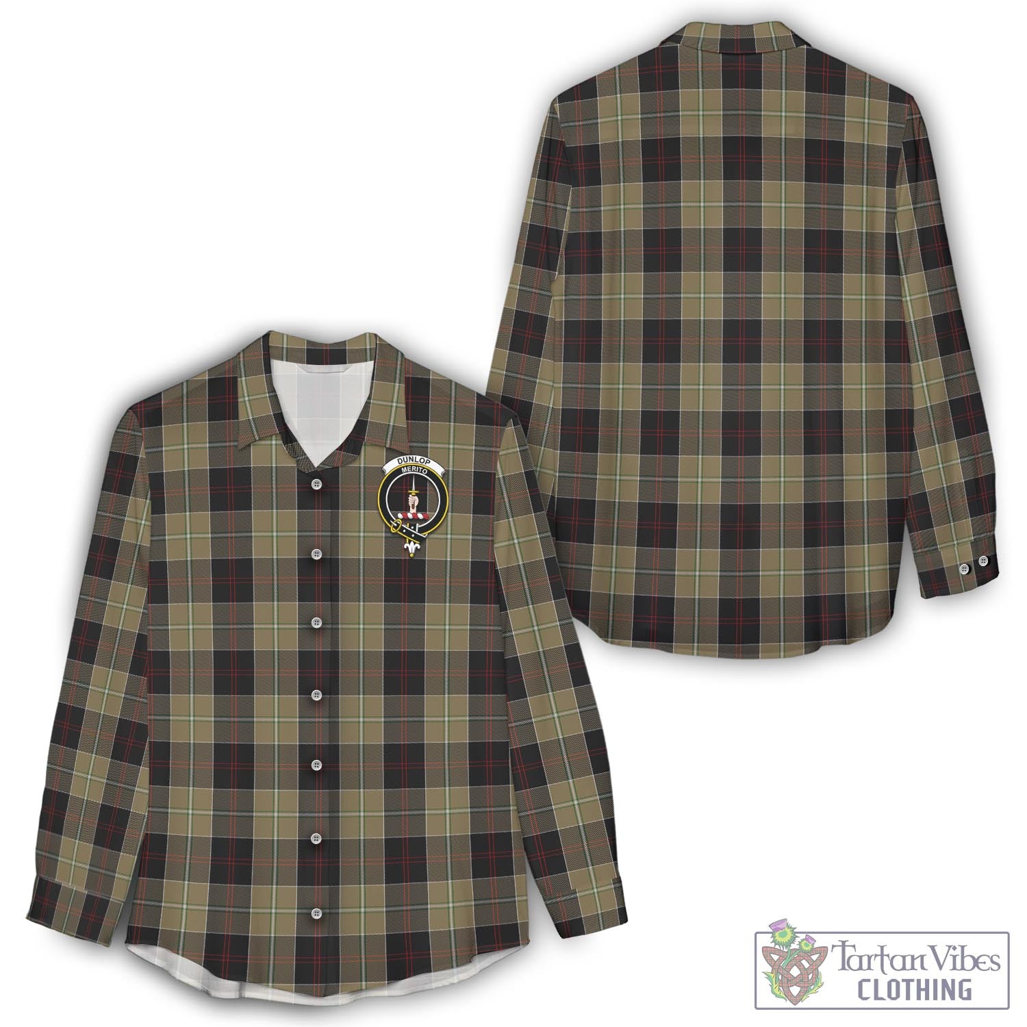 Tartan Vibes Clothing Dunlop Hunting Tartan Womens Casual Shirt with Family Crest