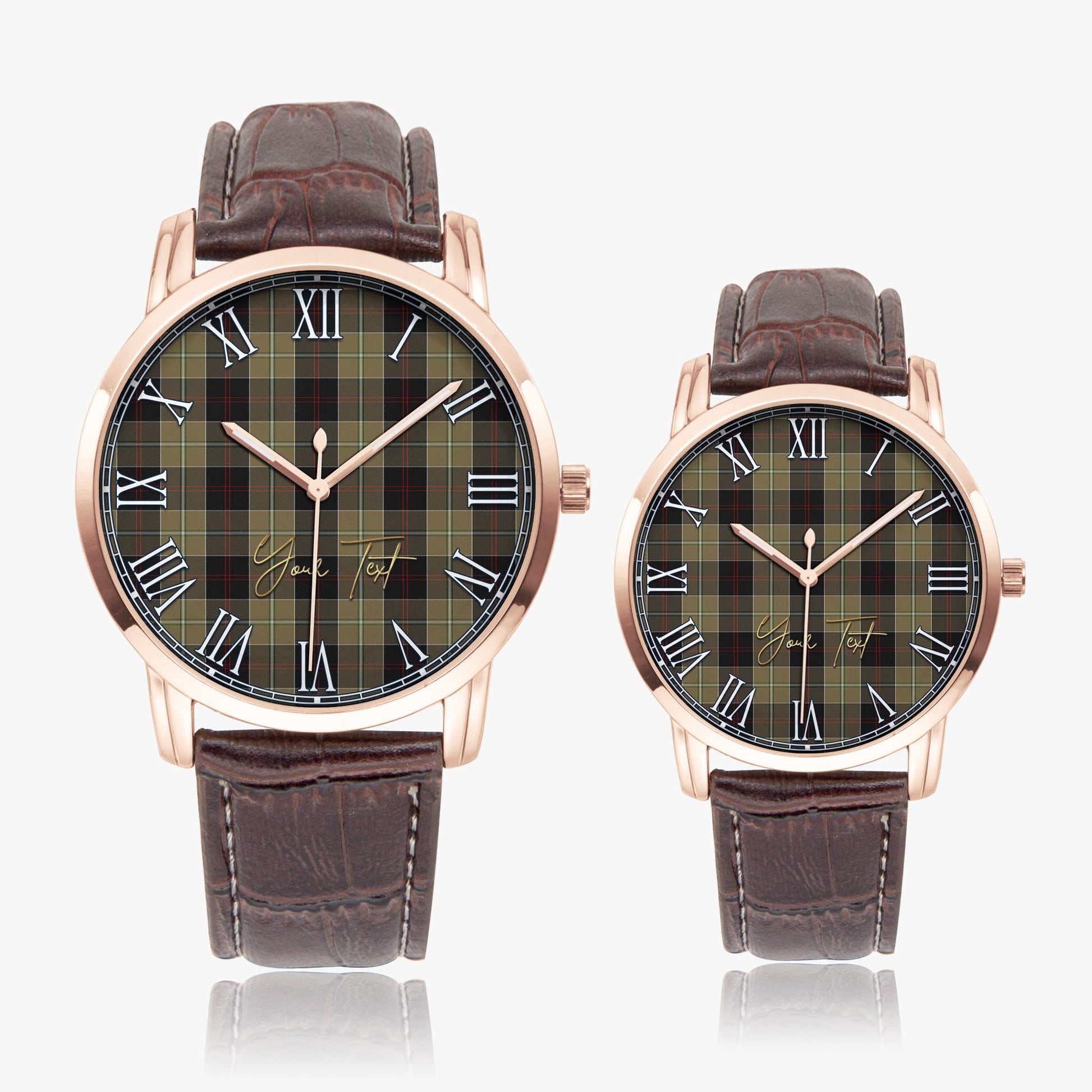 Dunlop Hunting Tartan Personalized Your Text Leather Trap Quartz Watch Wide Type Rose Gold Case With Brown Leather Strap - Tartanvibesclothing