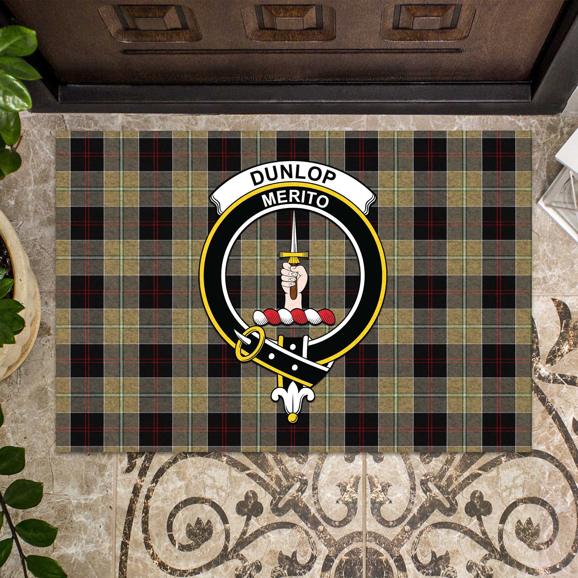 Dunlop Hunting Tartan Door Mat with Family Crest - Tartanvibesclothing