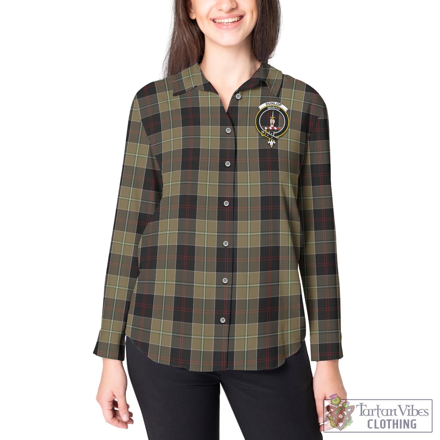 Tartan Vibes Clothing Dunlop Hunting Tartan Womens Casual Shirt with Family Crest