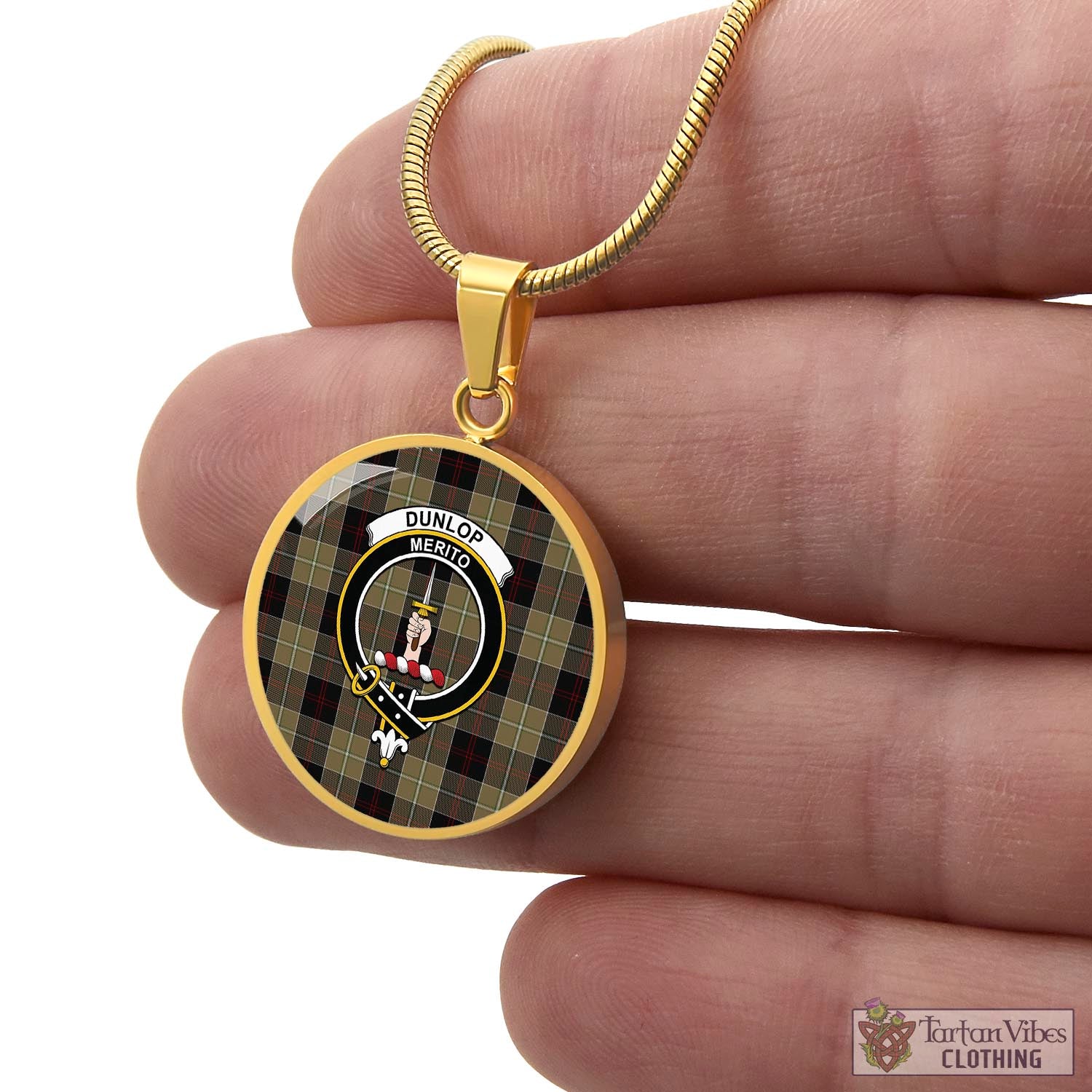 Tartan Vibes Clothing Dunlop Hunting Tartan Circle Necklace with Family Crest