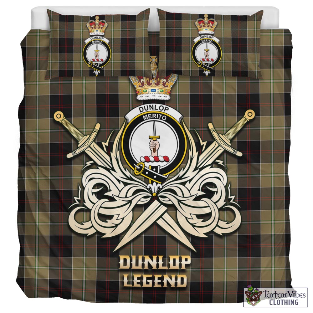 Tartan Vibes Clothing Dunlop Hunting Tartan Bedding Set with Clan Crest and the Golden Sword of Courageous Legacy