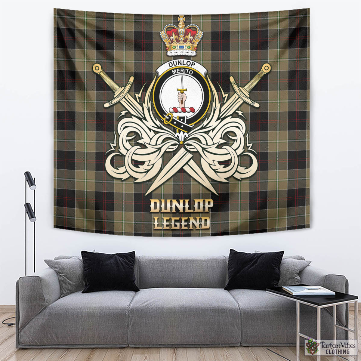 Tartan Vibes Clothing Dunlop Hunting Tartan Tapestry with Clan Crest and the Golden Sword of Courageous Legacy