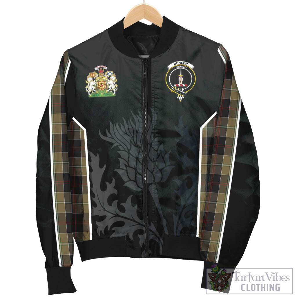 Tartan Vibes Clothing Dunlop Hunting Tartan Bomber Jacket with Family Crest and Scottish Thistle Vibes Sport Style