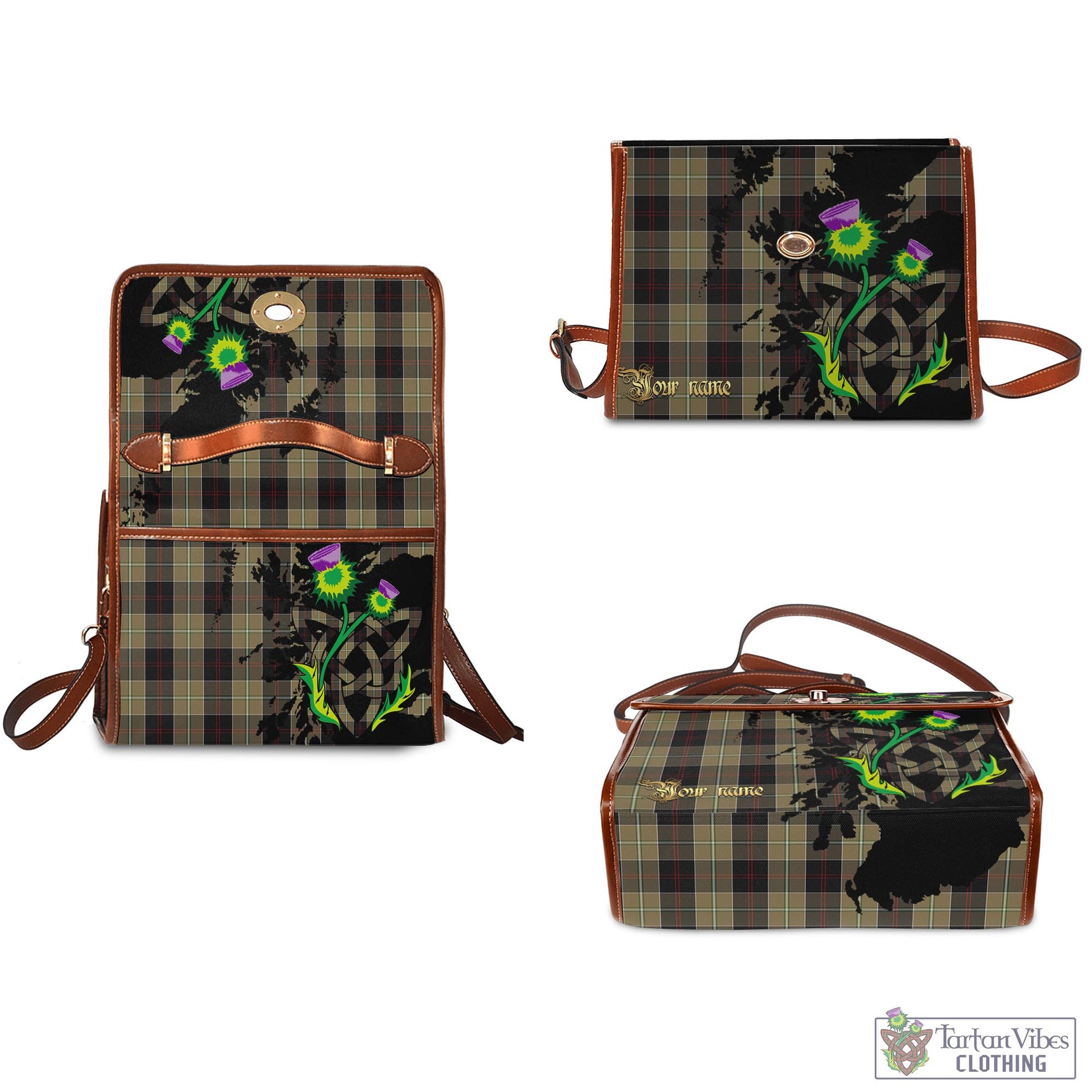 Tartan Vibes Clothing Dunlop Hunting Tartan Waterproof Canvas Bag with Scotland Map and Thistle Celtic Accents