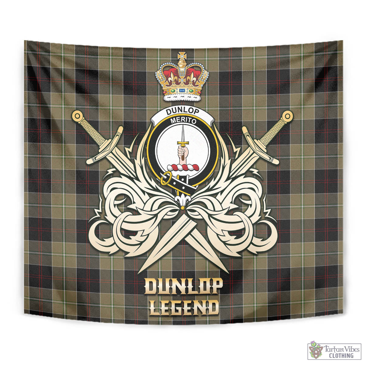 Tartan Vibes Clothing Dunlop Hunting Tartan Tapestry with Clan Crest and the Golden Sword of Courageous Legacy