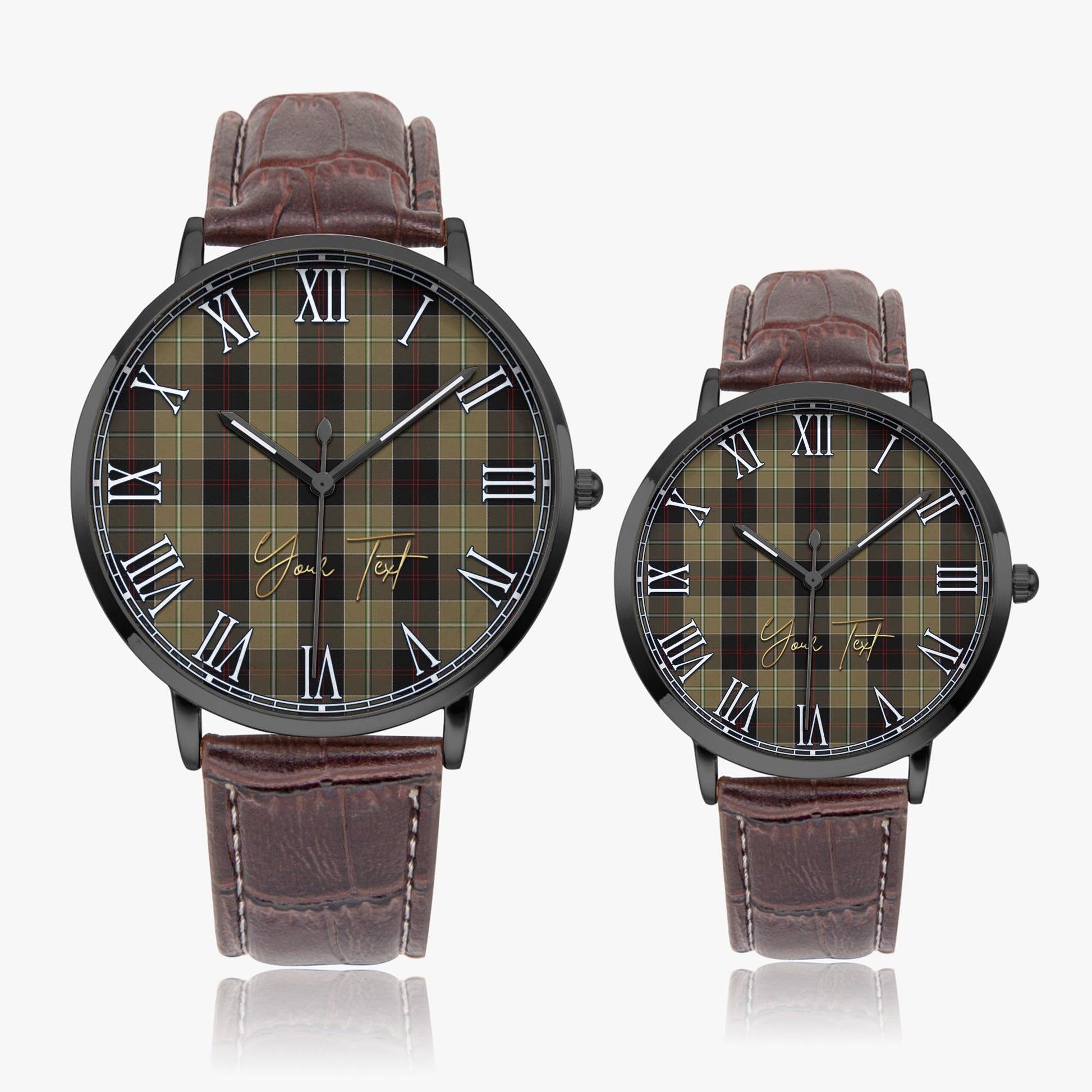 Dunlop Hunting Tartan Personalized Your Text Leather Trap Quartz Watch Ultra Thin Black Case With Brown Leather Strap - Tartanvibesclothing