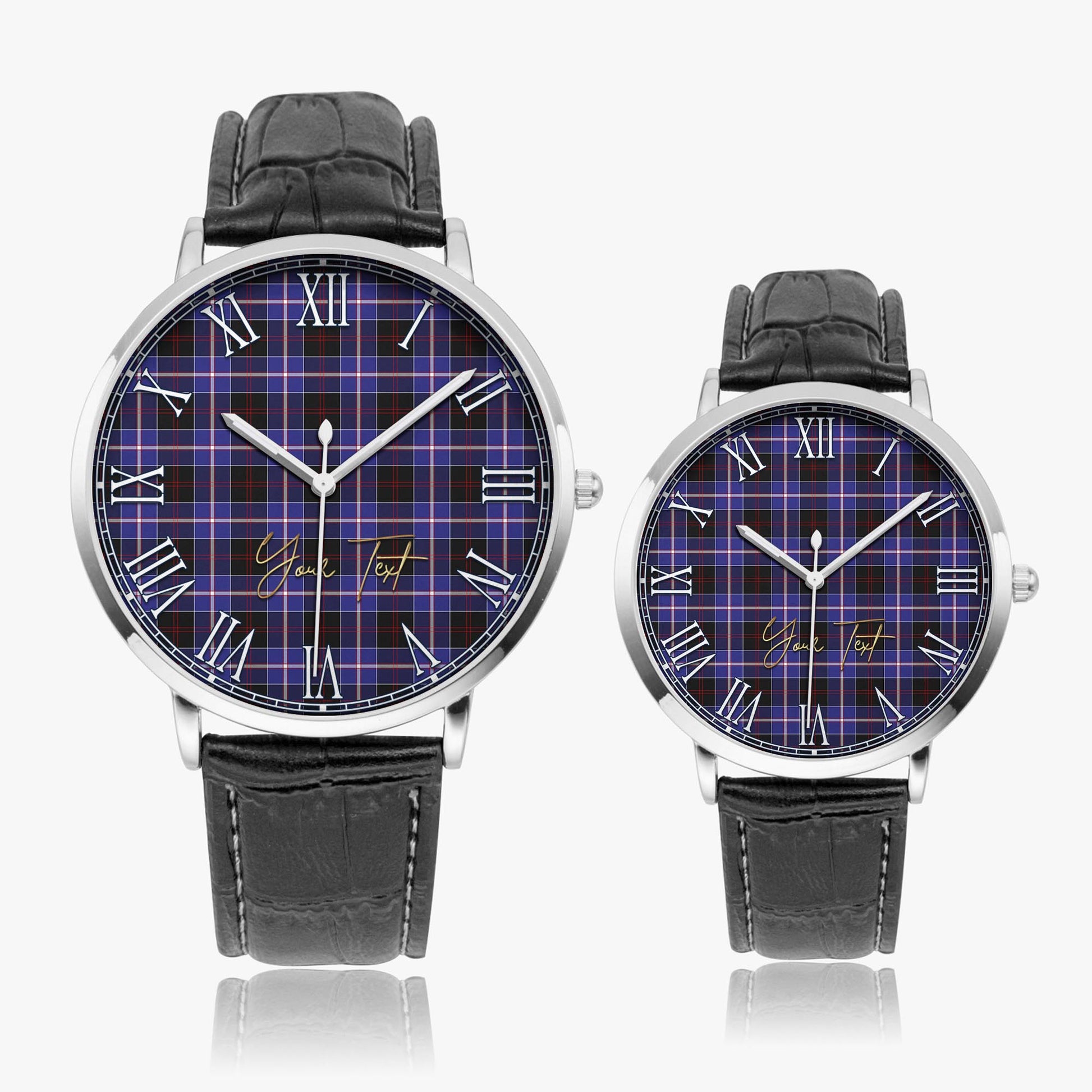 Dunlop Modern Tartan Personalized Your Text Leather Trap Quartz Watch Ultra Thin Silver Case With Black Leather Strap - Tartanvibesclothing
