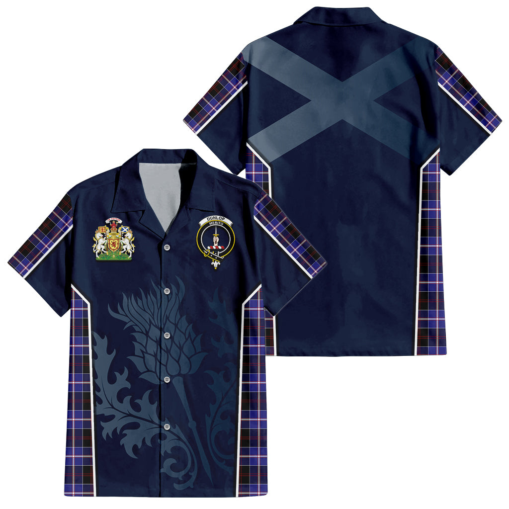 Tartan Vibes Clothing Dunlop Modern Tartan Short Sleeve Button Up Shirt with Family Crest and Scottish Thistle Vibes Sport Style