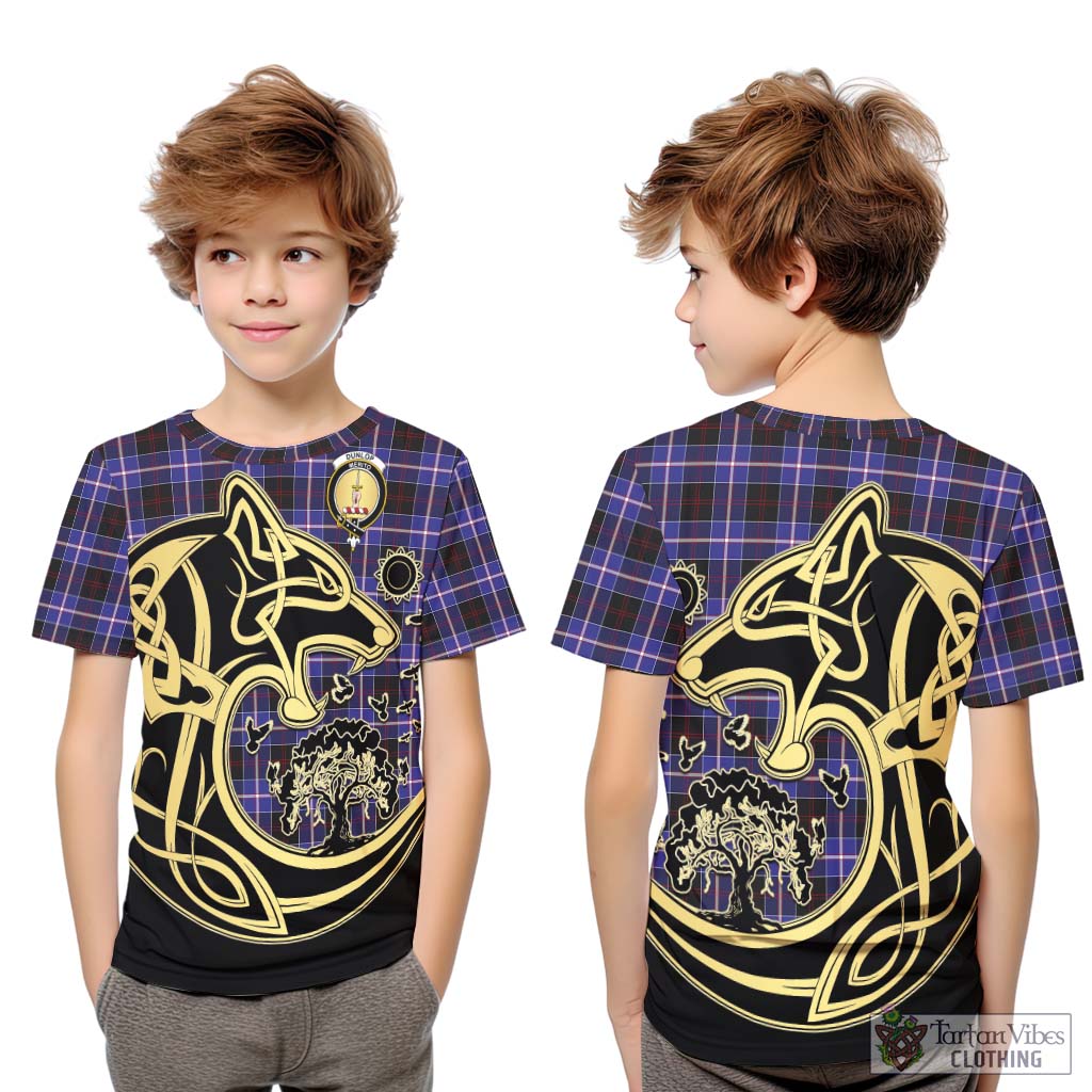 Tartan Vibes Clothing Dunlop Modern Tartan Kid T-Shirt with Family Crest Celtic Wolf Style