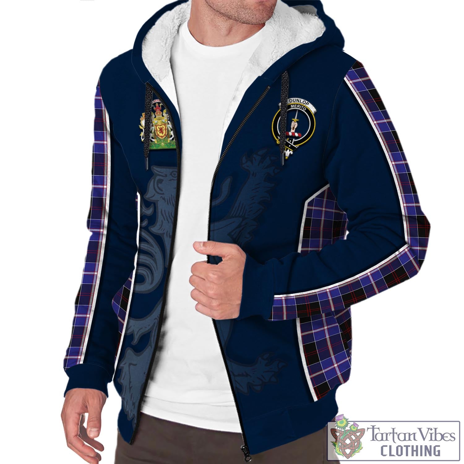 Tartan Vibes Clothing Dunlop Modern Tartan Sherpa Hoodie with Family Crest and Lion Rampant Vibes Sport Style