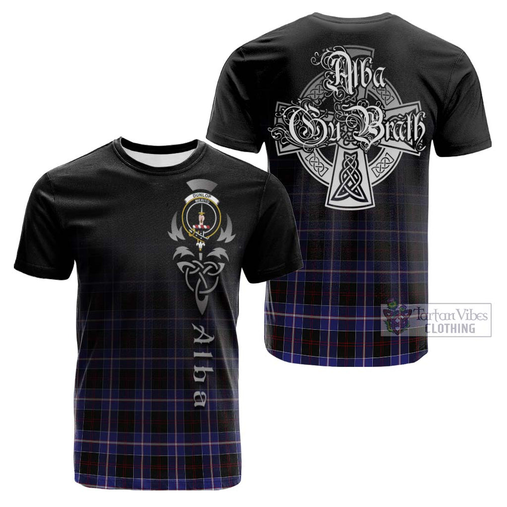 Tartan Vibes Clothing Dunlop Modern Tartan Cotton T-shirt Featuring Alba Gu Brath Family Crest Celtic Inspired