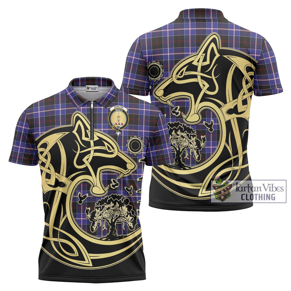 Dunlop Modern Tartan Zipper Polo Shirt with Family Crest Celtic Wolf Style Unisex - Tartanvibesclothing Shop