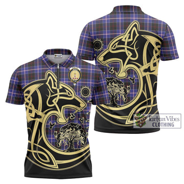 Dunlop Modern Tartan Zipper Polo Shirt with Family Crest Celtic Wolf Style