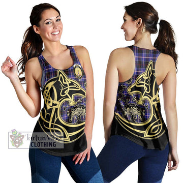 Dunlop Modern Tartan Women's Racerback Tanks with Family Crest Celtic Wolf Style