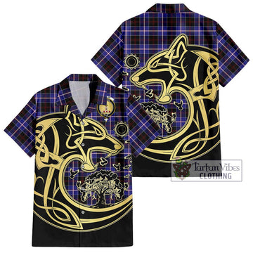 Dunlop Modern Tartan Short Sleeve Button Shirt with Family Crest Celtic Wolf Style