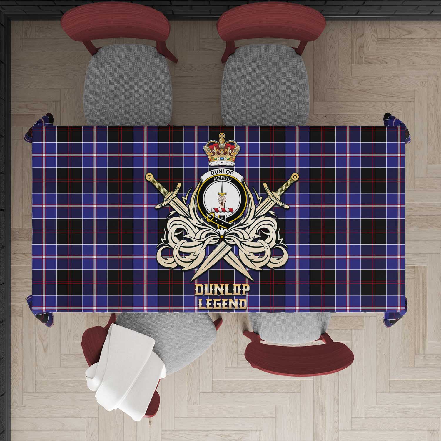 Tartan Vibes Clothing Dunlop Modern Tartan Tablecloth with Clan Crest and the Golden Sword of Courageous Legacy