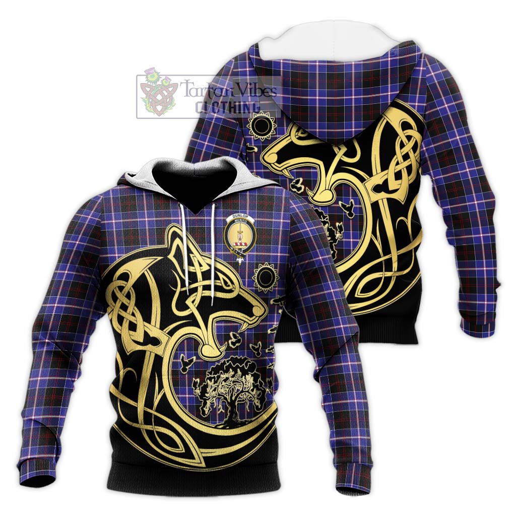 Tartan Vibes Clothing Dunlop Modern Tartan Knitted Hoodie with Family Crest Celtic Wolf Style