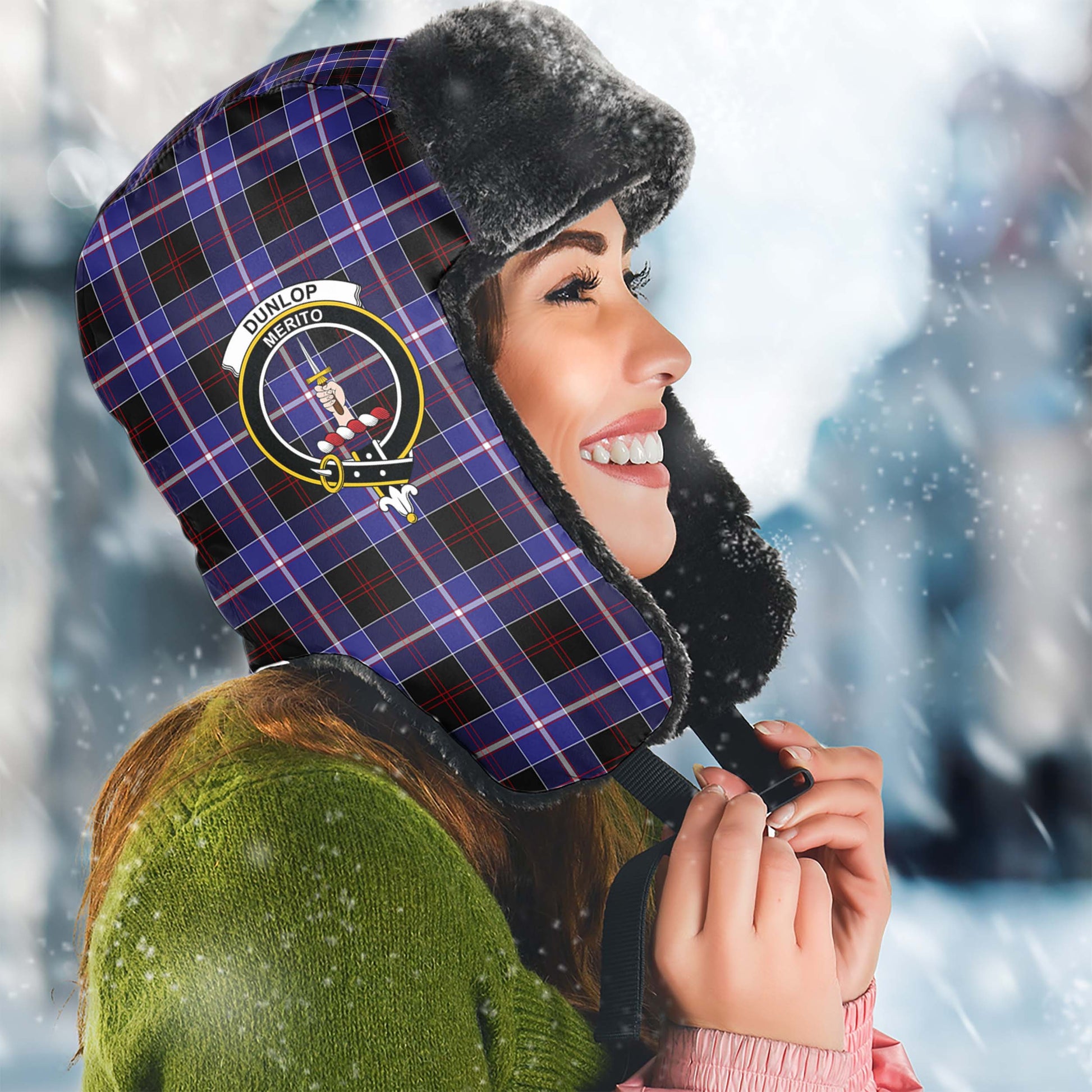 Dunlop Modern Tartan Winter Trapper Hat with Family Crest Winter Trapper Hat Universal Fit Circumference 22.8in (58cm) - Tartanvibesclothing