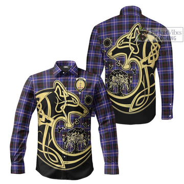 Dunlop Modern Tartan Long Sleeve Button Shirt with Family Crest Celtic Wolf Style