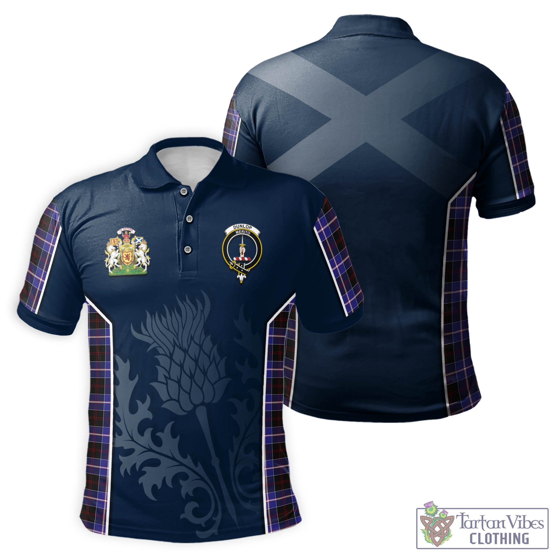 Tartan Vibes Clothing Dunlop Modern Tartan Men's Polo Shirt with Family Crest and Scottish Thistle Vibes Sport Style