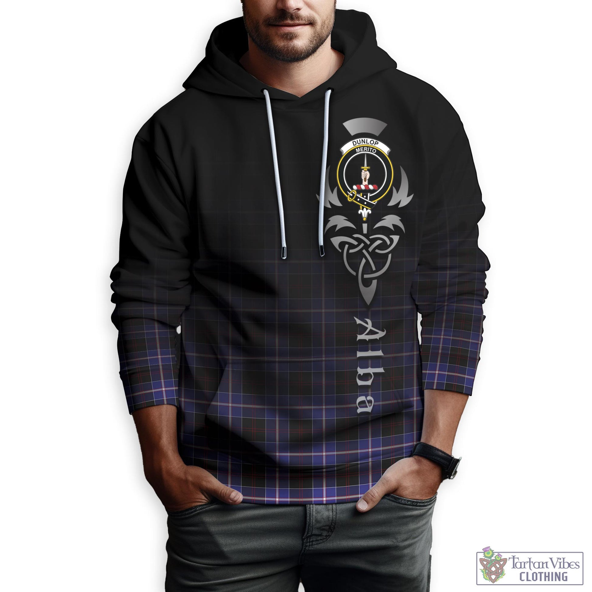 Tartan Vibes Clothing Dunlop Modern Tartan Hoodie Featuring Alba Gu Brath Family Crest Celtic Inspired