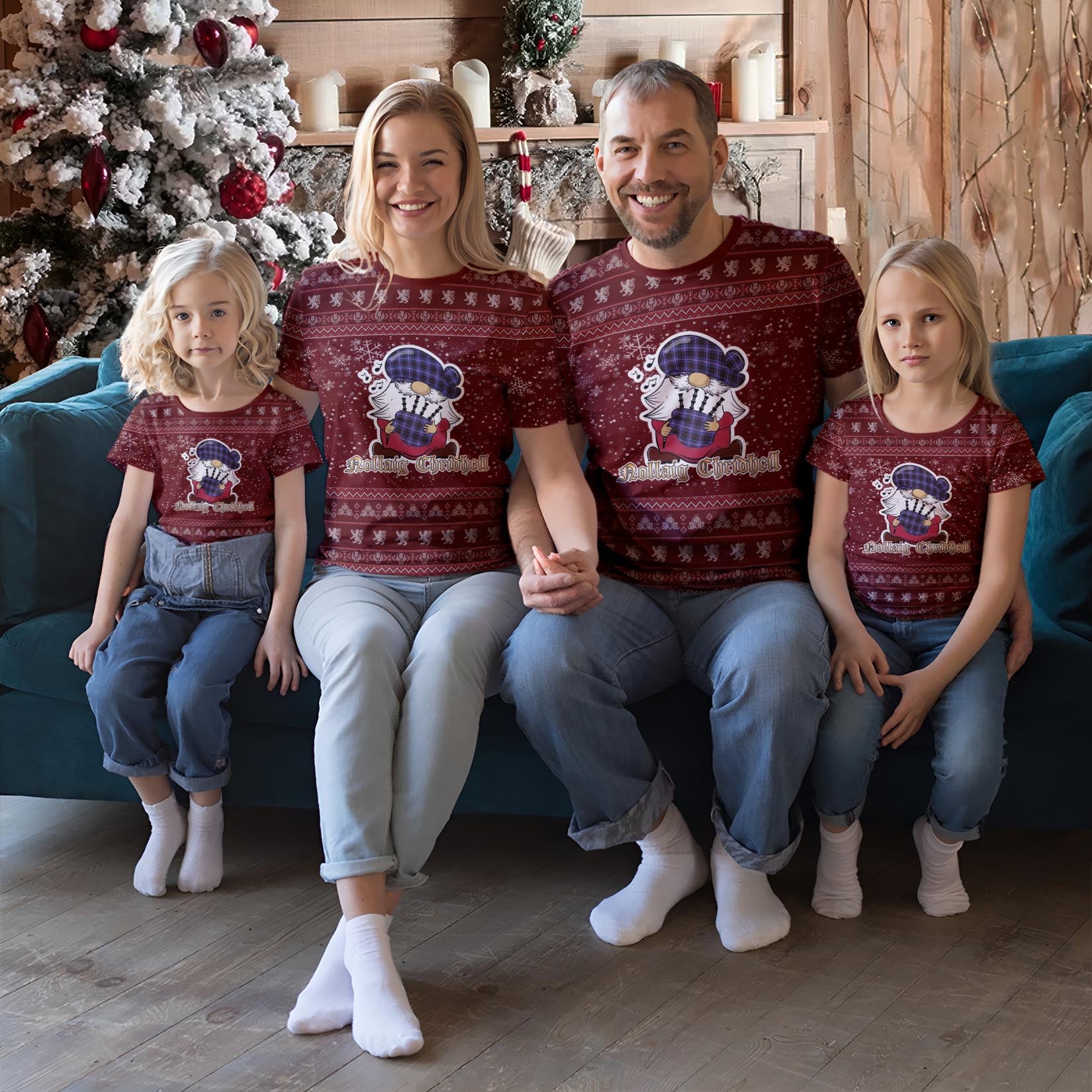 Dunlop Modern Clan Christmas Family T-Shirt with Funny Gnome Playing Bagpipes Red - Tartanvibesclothing