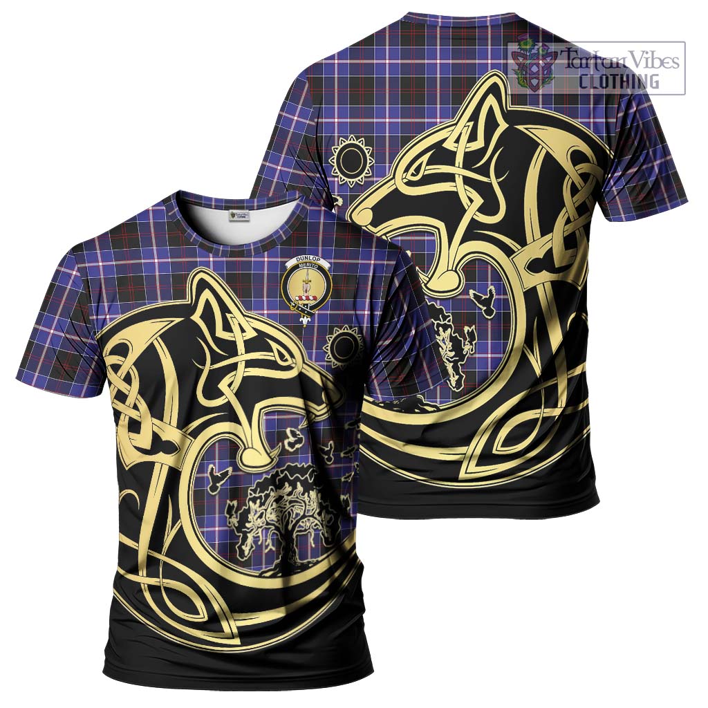 Tartan Vibes Clothing Dunlop Modern Tartan T-Shirt with Family Crest Celtic Wolf Style