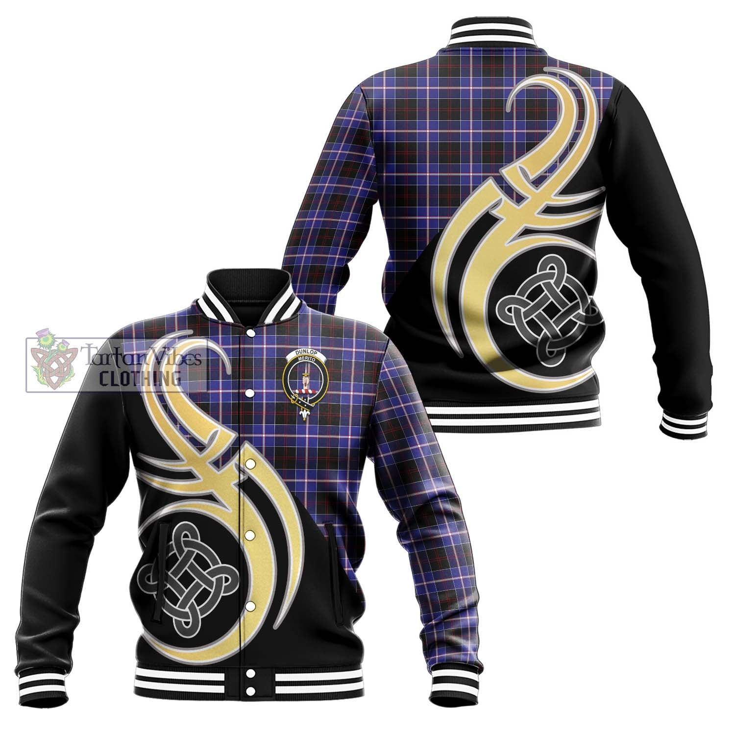 Dunlop Modern Tartan Baseball Jacket with Family Crest and Celtic Symbol Style Unisex - Tartan Vibes Clothing