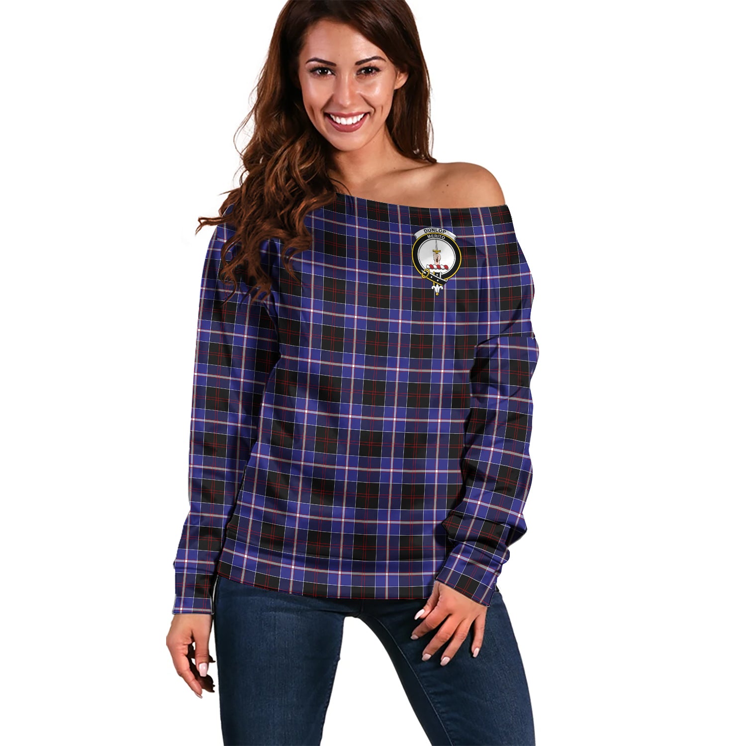 Dunlop Modern Tartan Off Shoulder Women Sweater with Family Crest Women - Tartanvibesclothing