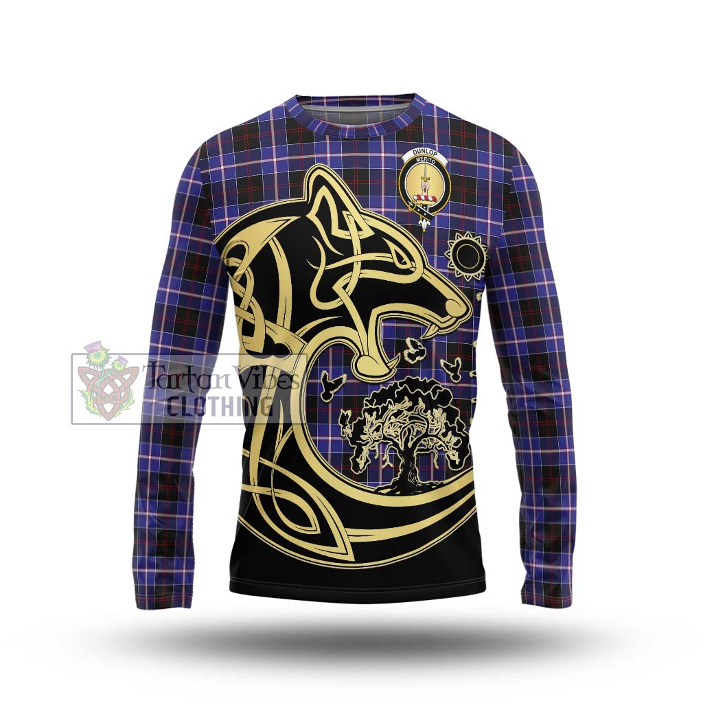 Tartan Vibes Clothing Dunlop Modern Tartan Long Sleeve T-Shirt with Family Crest Celtic Wolf Style